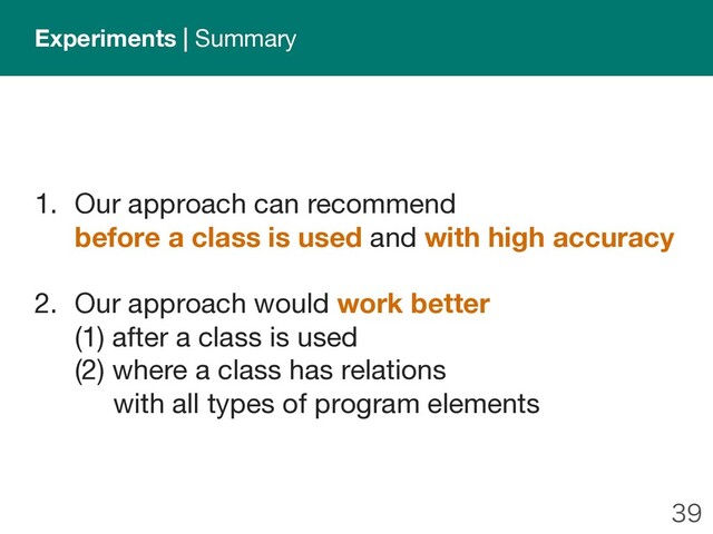 
Experiments | Summary
1. Our approach can recommend
before a class is used and with high accuracy
2. Our approach would work better
(1) after a class is used
(2) where a class has relations
with all types of program elements
