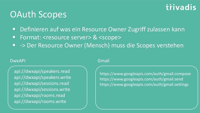 OAuth Scopes
▪ Definieren auf was ein Resource Owner Zugriff zulassen kann
▪ Format:  & 
▪ -> Der Resource Owner (Mensch) muss die Scopes verstehen
DwxAPI
api://dwxapi/speakers.read
api://dwxapi/speakers.write
api://dwxapi/sessions.read
api://dwxapi/sessions.write
api://dwxapi/rooms.read
api://dwxapi/rooms.write
Gmail
https://www.googleapis.com/auth/gmail.compose
https://www.googleapis.com/auth/gmail.send
https://www.googleapis.com/auth/gmail.settings
