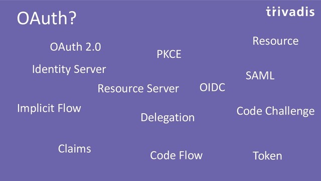 OAuth?
OAuth 2.0
OIDC
Resource Server
Token
SAML
Delegation
Claims
Implicit Flow
Code Flow
Code Challenge
PKCE
Identity Server
Resource
