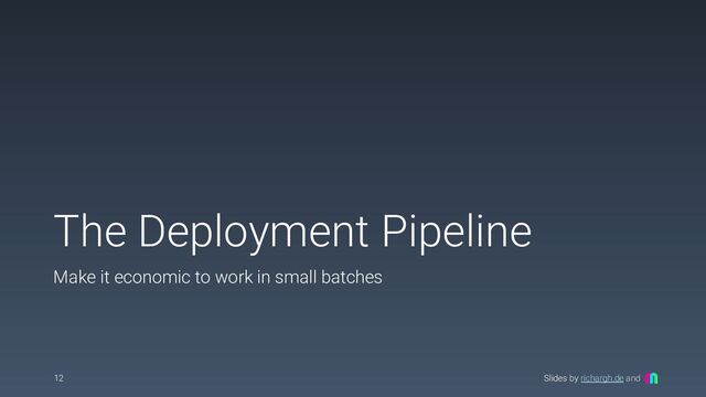 Slides by richargh.de and
The Deployment Pipeline
Make it economic to work in small batches
12
