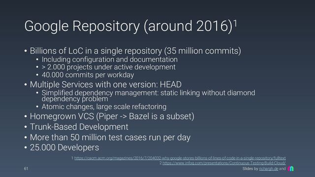 Slides by richargh.de and
Google Repository (around 2016)1
• Billions of LoC in a single repository (35 million commits)
• Including configuration and documentation
• > 2.000 projects under active development
• 40.000 commits per workday
• Multiple Services with one version: HEAD
• Simplified dependency management: static linking without diamond
dependency problem
• Atomic changes, large scale refactoring
• Homegrown VCS (Piper -> Bazel is a subset)
• Trunk-Based Development
• More than 50 million test cases run per day
• 25.000 Developers
61
1 https://cacm.acm.org/magazines/2016/7/204032-why-google-stores-billions-of-lines-of-code-in-a-single-repository/fulltext
2 https://www.infoq.com/presentations/Continuous-Testing-Build-Cloud/
