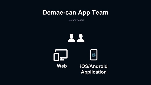 Demae-can App Team
Web iOS/Android
Application
Before we join
