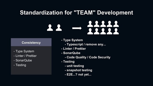 Standardization for "TEAM" Development
Consistency
- Type System
- Linter / Prettier
- SonarQube
- Testing
- Type System
- Typescript / remove any...
- Linter / Prettier
- SonarQube
- Code Quality / Code Security
- Testing
- unit testing
- snapshot testing
- E2E...? not yet...
