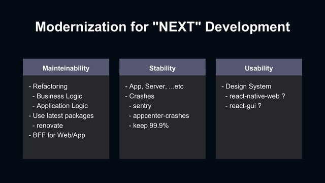 Modernization for "NEXT" Development
Mainteinability
- Refactoring
- Business Logic
- Application Logic
- Use latest packages
- renovate
- BFF for Web/App
Stability
- App, Server, ...etc
- Crashes
- sentry
- appcenter-crashes
- keep 99.9%
Usability
- Design System
- react-native-web ?
- react-gui ?
