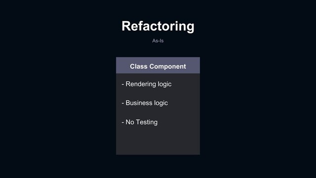 Refactoring
As-Is
Class Component
- Rendering logic
- Business logic
- No Testing
