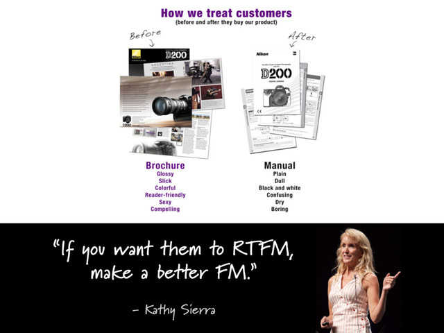 “If you want them to RTFM,
make a better FM.”
- Kathy Sierra

