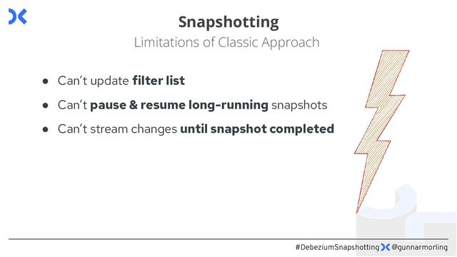 #DebeziumSnapshotting @gunnarmorling
Snapshotting
Limitations of Classic Approach
● Can’t update filter list
● Can’t pause & resume long-running snapshots
● Can’t stream changes until snapshot completed
