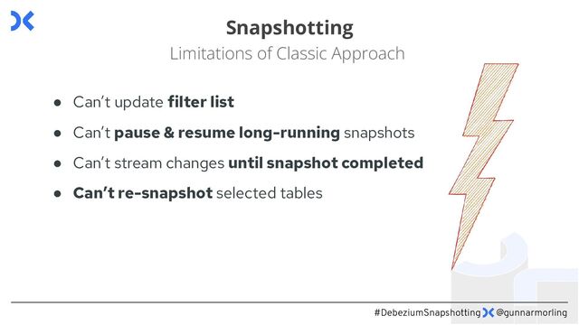 #DebeziumSnapshotting @gunnarmorling
Snapshotting
Limitations of Classic Approach
● Can’t update filter list
● Can’t pause & resume long-running snapshots
● Can’t stream changes until snapshot completed
● Can’t re-snapshot selected tables
