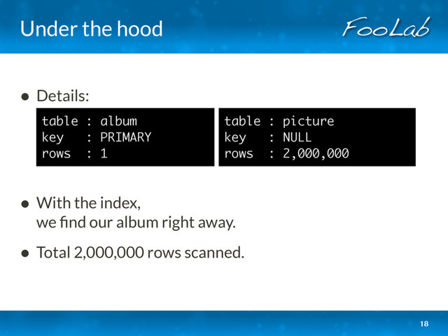 Under the hood
18
• Details: 
 
 
 
• With the index, 
we ﬁnd our album right away.
• Total 2,000,000 rows scanned. 
table : album
key : PRIMARY
rows : 1
table : picture
key : NULL
rows : 2,000,000
