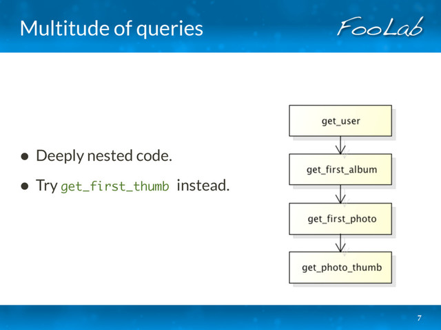 Multitude of queries
• Deeply nested code.
• Try get_first_thumb instead. 
7
