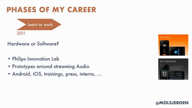 @MOLSJEROEN
Hardware or Software?


• Philips Innovation Lab


• Prototypes around streaming Audio


• Android, iOS, trainings, press, interns, …
PHASES OF MY CAREER
Learn to work
2011
