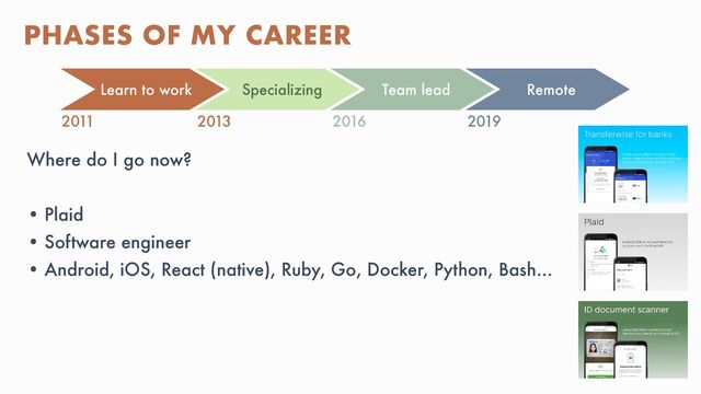@MOLSJEROEN
Where do I go now?


• Plaid


• Software engineer


• Android, iOS, React (native), Ruby, Go, Docker, Python, Bash…
PHASES OF MY CAREER
Learn to work Specializing Team lead Remote
2011 2013 2016 2019
