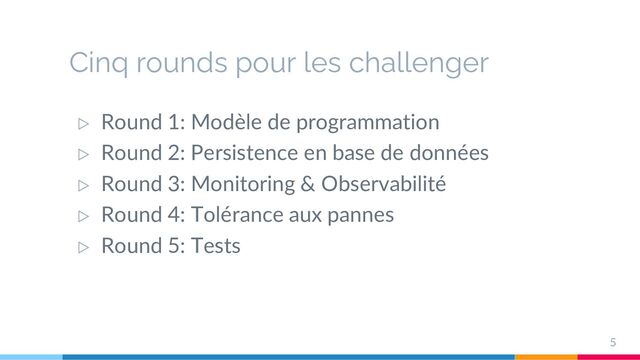 Cinq rounds pour les challenger
▷
Round 1: Modèle de programmation
▷
Round 2: Persistence en base de données
▷
Round 3: Monitoring & Observabilité
▷
Round 4: Tolérance aux pannes
▷
Round 5: Tests
5
