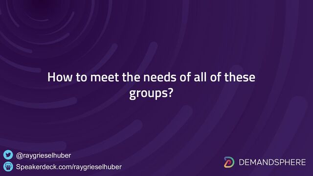 Speakerdeck.com/raygrieselhuber
@raygrieselhuber
How to meet the needs of all of these
groups?
