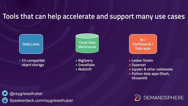 Tools that can help accelerate and support many use cases
Speakerdeck.com/raygrieselhuber
@raygrieselhuber
Data Lakes
BI /
Dashboards /
Data apps
Cloud Data
Warehouse
● S3-compatible
object storage
● BigQuery
● Snowflake
● Redshift
● Looker Studio
● Superset
● Jupyter & other notebooks
● Python data apps (Dash,
Streamlit)
