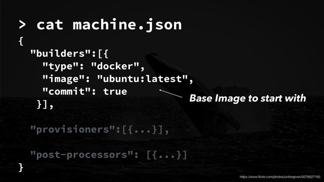 https://www.ﬂickr.com/photos/unforgiven/9278027165
{
"builders":[{
"type": "docker",
"image": "ubuntu:latest",
"commit": true
}],
!
"provisioners":[{...}],
!
"post-processors": [{...}]
}
> cat machine.json
Base Image to start with
