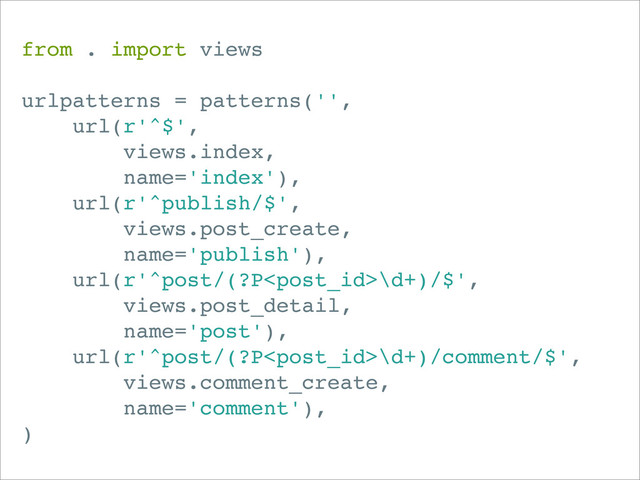 from . import views
urlpatterns = patterns('',
url(r'^$',
views.index,
name='index'),
url(r'^publish/$',
views.post_create,
name='publish'),
url(r'^post/(?P\d+)/$',
views.post_detail,
name='post'),
url(r'^post/(?P\d+)/comment/$',
views.comment_create,
name='comment'),
)
