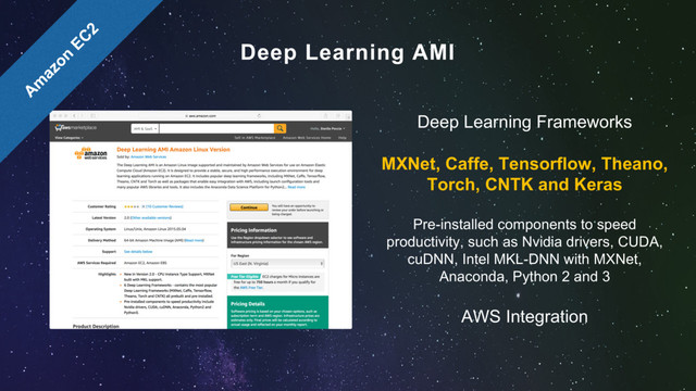 Deep Learning Frameworks
MXNet, Caffe, Tensorflow, Theano,
Torch, CNTK and Keras
Pre-installed components to speed
productivity, such as Nvidia drivers, CUDA,
cuDNN, Intel MKL-DNN with MXNet,
Anaconda, Python 2 and 3
AWS Integration
Deep Learning AMI
