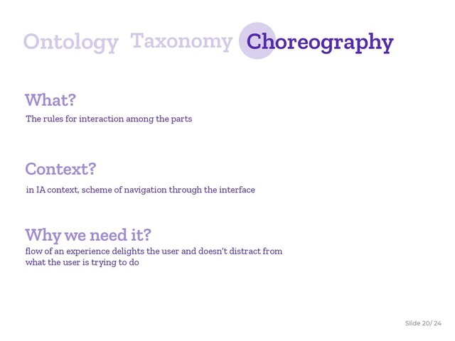 Slide / 24
20
Ontology Taxonomy Choreography
What?
The rules for interaction among the parts
in IA context, scheme of navigation through the interface
Context?
ﬂow of an experience delights the user and doesn’t distract from
what the user is trying to do
Why we need it?

