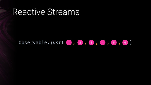 Observable.just( , , , , , )
Reactive Streams
1 2 3 4 5 6

