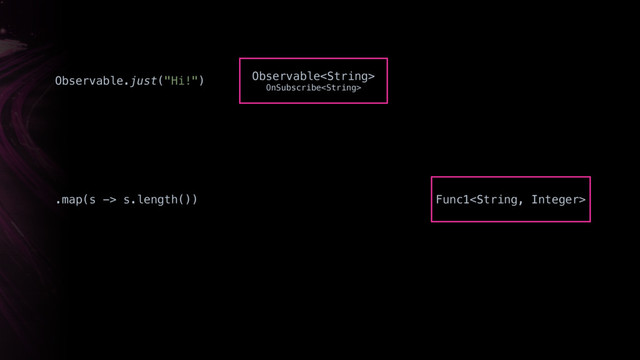 Observable
OnSubscribe
Observable.just("Hi!")
.map(s -> s.length()) Func1
