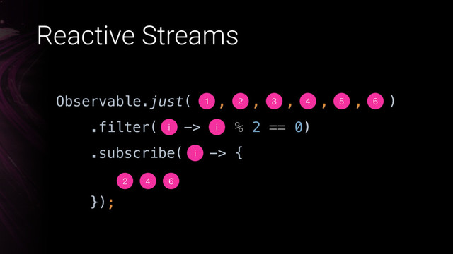 Observable.just( , , , , , )
Reactive Streams
1 2 3 4 5 6
.filter( -> % 2 == 0)
i i
.subscribe( -> {
});
i
2 4 6
