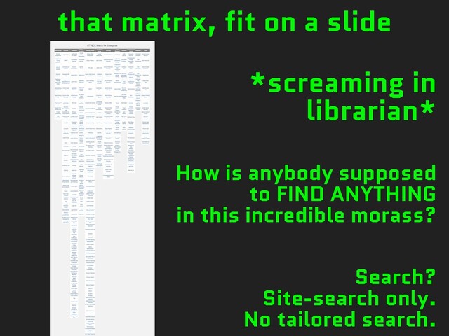 that matrix, fit on a slide
*screaming in
librarian*
How is anybody supposed
to FIND ANYTHING
in this incredible morass?
Search?
Site-search only.
No tailored search.
