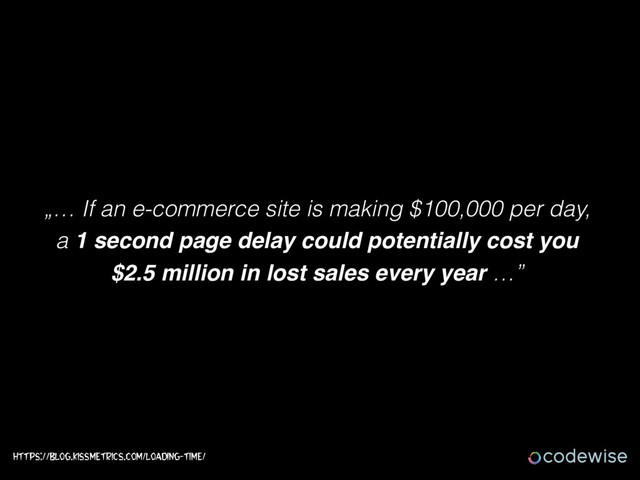 https://blog.kissmetrics.com/loading-time/
„… If an e-commerce site is making $100,000 per day,
a 1 second page delay could potentially cost you
$2.5 million in lost sales every year …”
