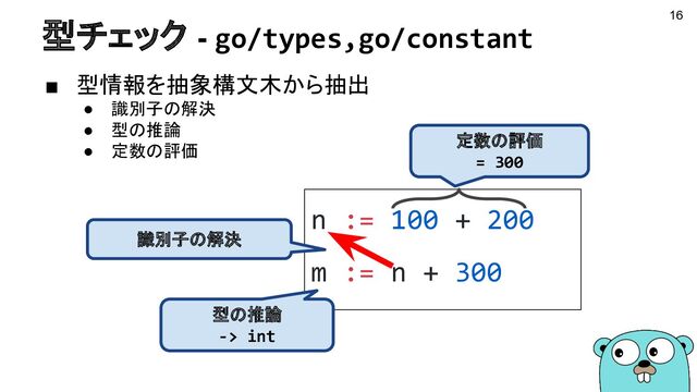 型チェック - go/types,go/constant
■ 型情報を抽象構文木から抽出
● 識別子の解決
● 型の推論
● 定数の評価
n := 100 + 200
m := n + 300
定数の評価
= 300
型の推論
-> int
識別子の解決
16
