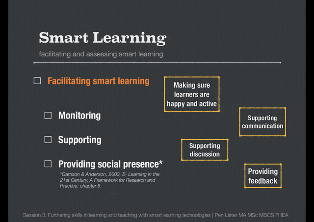 Monitoring
Supporting
Providing social presence*
Smart Learning
Session 3: Furthering skills in learning and teaching with smart learning technologies | Pen Lister MA MSc MBCS FHEA
facilitating and assessing smart learning
Making sure
learners are
happy and active
Supporting
communication
Supporting
discussion
Providing
feedback
Facilitating smart learning
*Garrison & Anderson, 2003, E- Learning in the
21st Century, A Framework for Research and
Practice. chapter 5.
