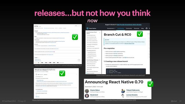 releases…but not how you think
now
#ChainReact2023 19-may-23 @kelset 24
✅
✅
✅
✅
https://github.com/facebook/react-native/releases/tag/v0.71.3
https://github.com/reactwg/react-native-releases/discussions/58 https://reactnative.dev/blog/2022/09/05/version-070
https://reactnative.dev/contributing/release-branch-cut-and-rc0
