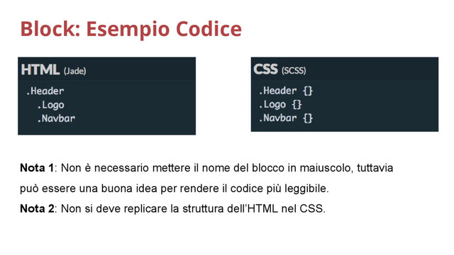 Block: Esempio Codice
Nota 1: Non è necessario mettere il nome del blocco in maiuscolo, tuttavia
può essere una buona idea per rendere il codice più leggibile.
Nota 2: Non si deve replicare la struttura dell’HTML nel CSS.
