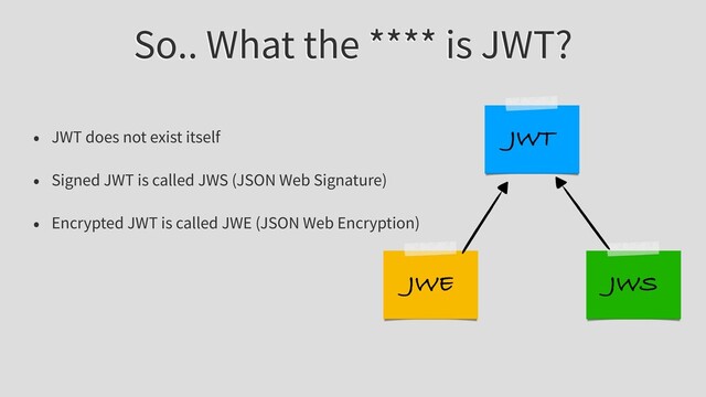 So.. What the **** is JWT?
• JWT does not exist itself
• Signed JWT is called JWS (JSON Web Signature)
• Encrypted JWT is called JWE (JSON Web Encryption)
JWT
JWS
JWE
