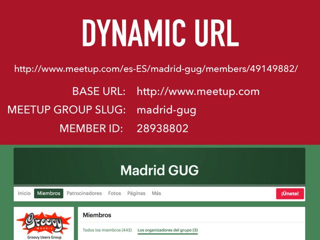 DYNAMIC URL
http://www.meetup.com/es-ES/madrid-gug/members/49149882/
BASE URL:
MEETUP GROUP SLUG:
MEMBER ID:
http://www.meetup.com
madrid-gug
28938802

