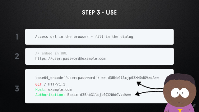 STEP 3 - USE
Access url in the browser - fill in the dialog
base64_encode('user:password') => d3BhbG1lcjp0ZXN0dGVzdA==
GET / HTTP/1.1 
Host: example.com 
Authorization: Basic d3BhbG1lcjp0ZXN0dGVzdA==
// embed in URL 
https://user:password@example.com
2
1
3
