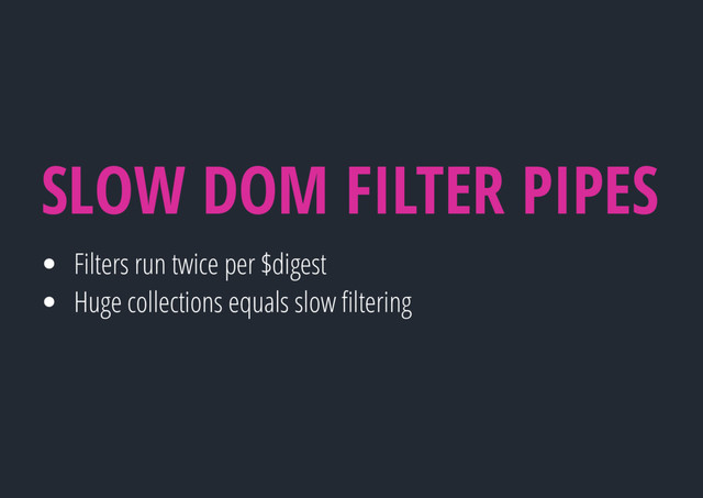 Filters run twice per $digest
Huge collections equals slow ﬁltering
SLOW DOM FILTER PIPES
