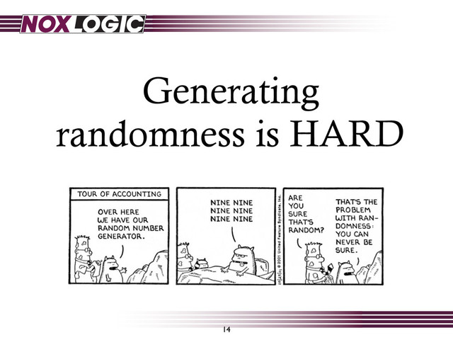 Generating
randomness is HARD
14
