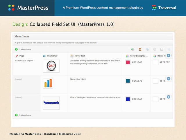 Introducing MasterPress - WordCamp Melbourne 2013
Design: Collapsed Field Set UI (MasterPress 1.0)
