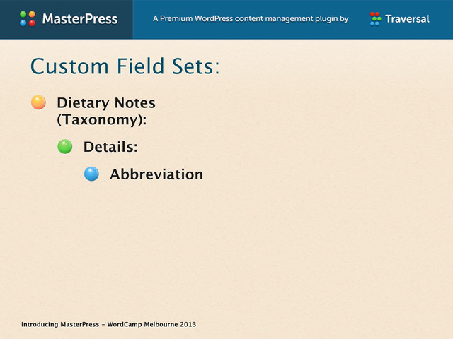 Introducing MasterPress - WordCamp Melbourne 2013
Custom Field Sets:
Dietary Notes
(Taxonomy):
Details:
Abbreviation
