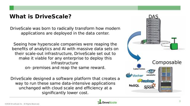 ©2018 DriveScale Inc. All Rights Reserved.
What is DriveScale?
3
DAS
Composable
DriveScale was born to radically transform how modern
applications are deployed in the data center.
Seeing how hyperscale companies were reaping the
benefits of analytics and AI with massive data sets on
their scale-out infrastructure, DriveScale set out to
make it viable for any enterprise to deploy this
infrastructure
on- premises and reap the same reward.
DriveScale designed a software platform that creates a
way to run these same data-intensive applications
unchanged with cloud scale and efficiency at a
significantly lower cost.
