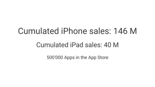Cumulated iPhone sales: 146 M
Cumulated iPad sales: 40 M
500'000 Apps in the App Store

