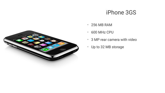 iPhone 3GS
• 256 MB RAM
• 600 MHz CPU
• 3 MP rear camera with video
• Up to 32 MB storage
