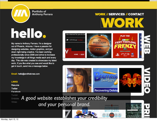 A good website establishes your credibility
and your personal brand.
Monday, April 15, 13
