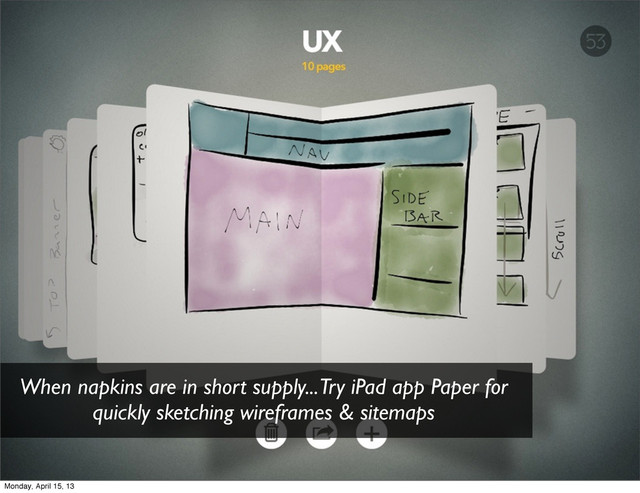 When napkins are in short supply... Try iPad app Paper for
quickly sketching wireframes & sitemaps
Monday, April 15, 13
