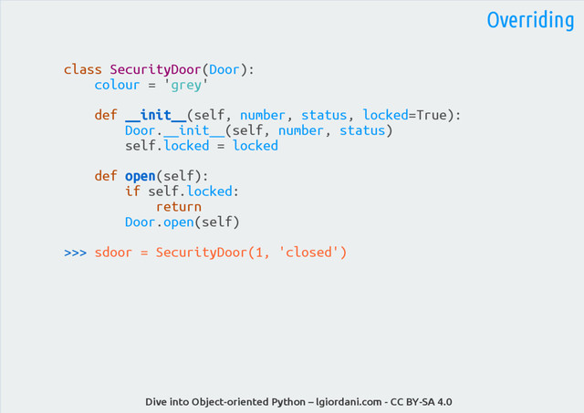 Dive into Object-oriented Python – lgiordani.com - CC BY-SA 4.0
Overriding
class SecurityDoor(Door):
colour = 'grey'
def __init__(self, number, status, locked=True):
Door.__init__(self, number, status)
self.locked = locked
def open(self):
if self.locked:
return
Door.open(self)
>>> sdoor = SecurityDoor(1, 'closed')
