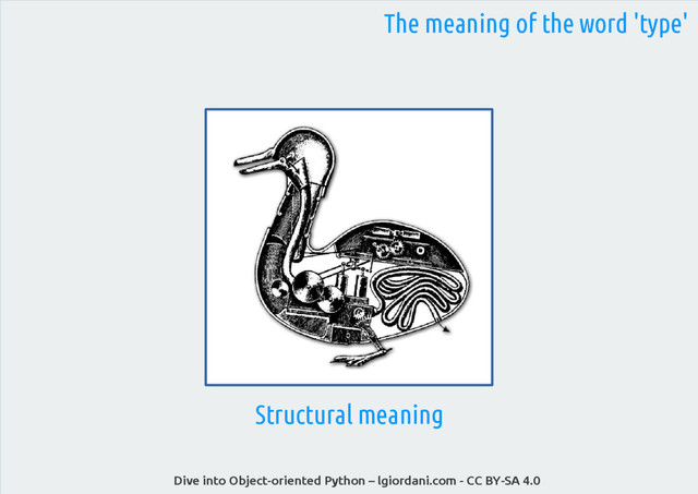 Dive into Object-oriented Python – lgiordani.com - CC BY-SA 4.0
Structural meaning
The meaning of the word 'type'
