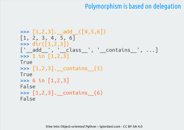 Dive into Object-oriented Python – lgiordani.com - CC BY-SA 4.0
>>> [1,2,3].__add__([4,5,6])
[1, 2, 3, 4, 5, 6]
>>> dir([1,2,3])
['__add__', '__class__', '__contains__', ...]
>>> 1 in [1,2,3]
True
>>> [1,2,3].__contains__(1)
True
>>> 6 in [1,2,3]
False
>>> [1,2,3].__contains__(6)
False
Polymorphism is based on delegation
