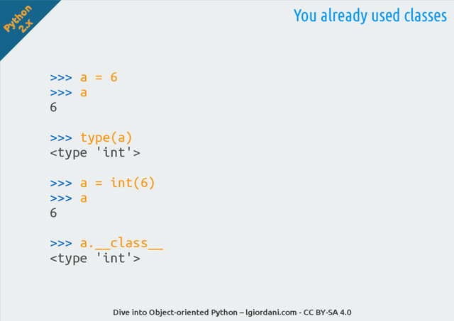 Python
2.x
Dive into Object-oriented Python – lgiordani.com - CC BY-SA 4.0
You already used classes
>>> a = 6
>>> a
6
>>> type(a)

>>> a = int(6)
>>> a
6
>>> a.__class__

