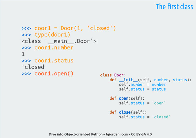Dive into Object-oriented Python – lgiordani.com - CC BY-SA 4.0
>>> door1 = Door(1, 'closed')
>>> type(door1)

>>> door1.number
1
>>> door1.status
'closed'
>>> door1.open()
The first class
class Door:
def __init__(self, number, status):
self.number = number
self.status = status
def open(self):
self.status = 'open'
def close(self):
self.status = 'closed'
