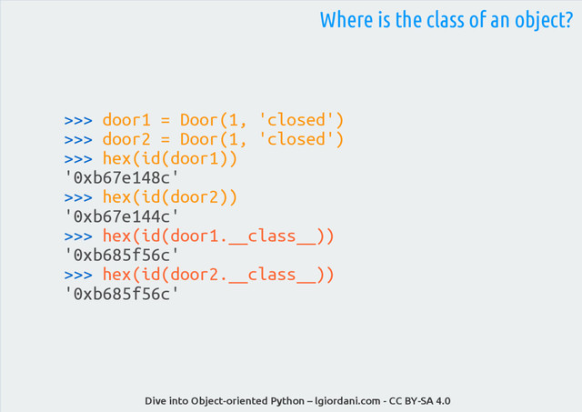 Dive into Object-oriented Python – lgiordani.com - CC BY-SA 4.0
Where is the class of an object?
>>> door1 = Door(1, 'closed')
>>> door2 = Door(1, 'closed')
>>> hex(id(door1))
'0xb67e148c'
>>> hex(id(door2))
'0xb67e144c'
>>> hex(id(door1.__class__))
'0xb685f56c'
>>> hex(id(door2.__class__))
'0xb685f56c'
